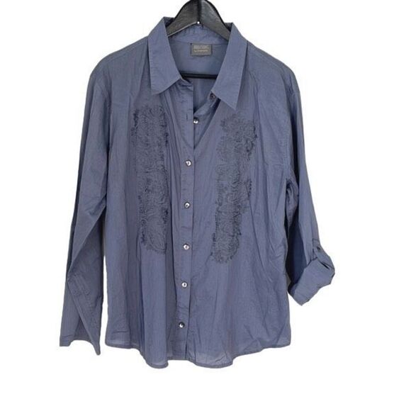 Additions By Chico's Womens Button Down Shirt Roll Tab Sleeve Embroidered Blue 3 - Picture 1 of 8